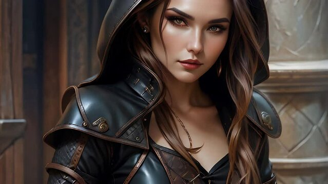 woman in leather and leather clothing in the style of fantasy characters 8k UHD dark gray and light bronze western style portraits exaggerated p seamless loop animation