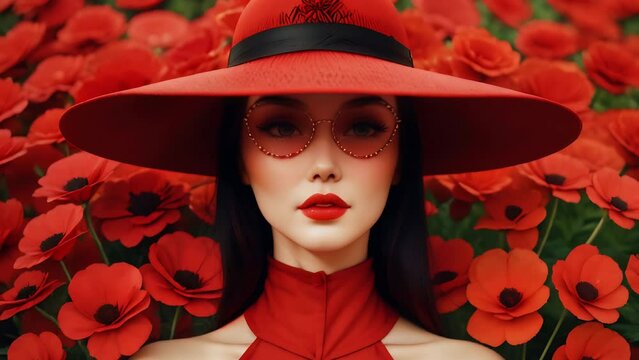 woman red hat red dress red flowers swaying hat brim waving in the style of photo taken on film film grain vintage detail seamless loop animation