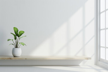Fototapeta na wymiar A pristine white room with a single potted plant on a sleek wooden shelf.