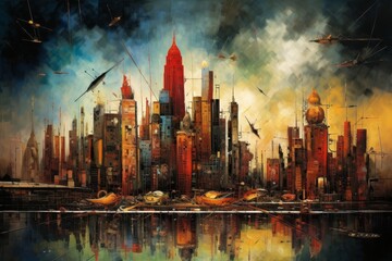 Nowy Jork Manhattan kolorowy akrylowy obraz Generative AI	 - obrazy, fototapety, plakaty