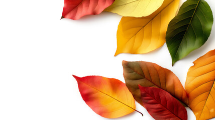Autumn leaves in a gradient from green to red, symbolizing the change of seasons.