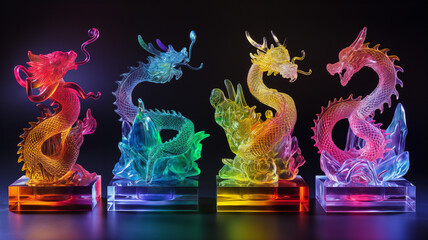 Illuminated crystal dragon sculptures in a spectrum of colors, radiating mythical elegance.