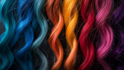 Vibrant strands of hair in a dynamic array of colors, flowing and intertwined.