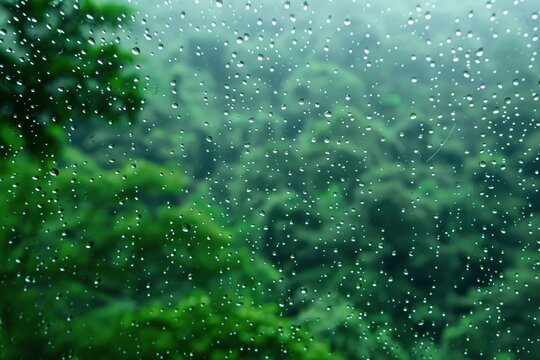 Raindrops hit the glass. with a blurry background of green forest - generative ai