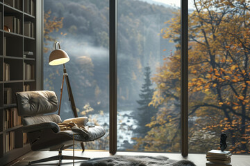 A serene reading corner with a comfortable armchair and a floor lamp, nestled beside a large window overlooking nature.