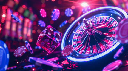 Fototapeta na wymiar Luxury of the Casino roulette wheel with many chips flying isolation background, Illustration. 