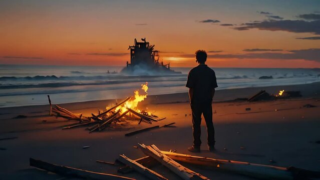 inspired neon realism minimalist stoic man beachside morning ashes and burnt bits of driftwood remain from the bonfire the night before lofi glow seamless loop animation