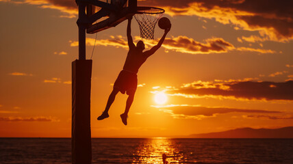 Silhouette of a basketball player dunking at sunset with the ocean in the background.