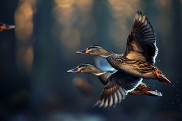 Two ducks flying in the sky with one of them having a black head - obrazy, fototapety, plakaty