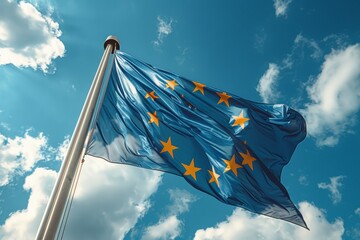 European Union flag. Background with selective focus and copy space - obrazy, fototapety, plakaty