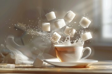 Sugar cubes or refined sugar and a mug of tea. Concept of excessive consumption of sugar and sweets. Background