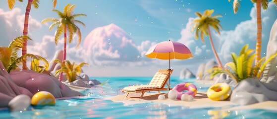 A banner of a 3d illustration of the beach with a sun lounger , floats and an umbrella beach, summer concept