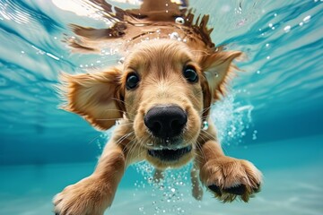 A dog is swimming in a pool and looking up at the camera. Summer heat concept, background