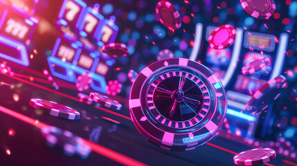 Luxury of the Casino roulette wheel with many chips flying isolation background, Illustration.	