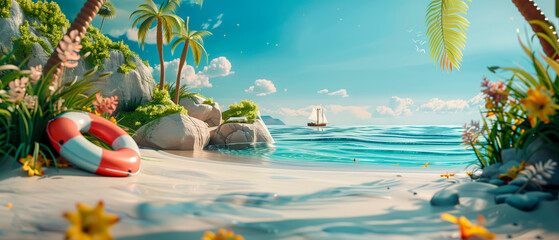 A banner of a 3d illustration of a tropical beach, summer concept