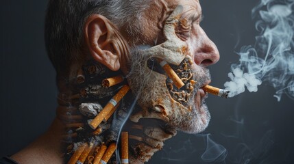 A conceptual portrayal of the destructive effects of smoking, with a man's face artfully blended with burned cigarettes and ash.
