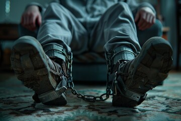 A man is chained to a chair with his feet chained to the floor. Particularly dangerous criminal concept - obrazy, fototapety, plakaty