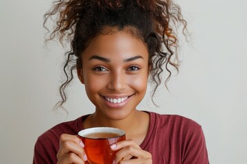 A woman with curly hair is holding a cup of tea and smiling