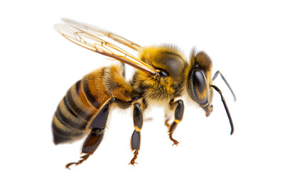Close-up of a honeybee isolated on white, showing detailed wings and fuzzy body.