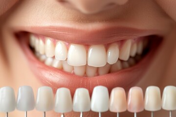 A woman's teeth are shown in a row. Concept of cleanliness and dental hygiene. Whitening and tone matching