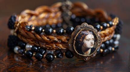 A mourning bracelet made of woven hair featuring a small enamel portrait of a deceased loved one and adorned with black seed pearls and onyx beads to symbolize mourning. .