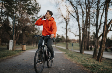 Casual young adult male with bicycle in urban park, experience joy on a weekend day, symbolizing a healthy active lifestyle.