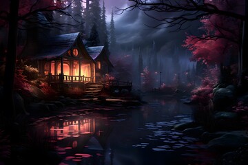Illuminated Japanese house in a foggy forest at night.