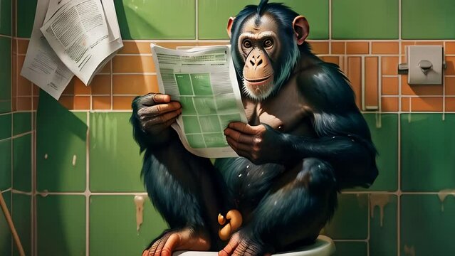 chimpanzee sitting on toilet reading newspaper in the style of green bathroom hyper realistic in the style of illustration illustrated seamless loop animation