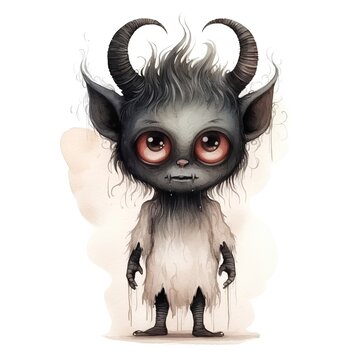 Watercolor illustration of a cute monster with horns. Isolated on white background.