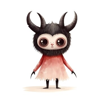 Funny cartoon monster in a red dress with horns. Vector illustration.