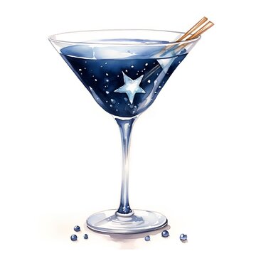 Blue cocktail in martini glass with ice and straw isolated on white background