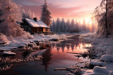 Winter landscape with frozen lake and wooden house in the forest at sunset