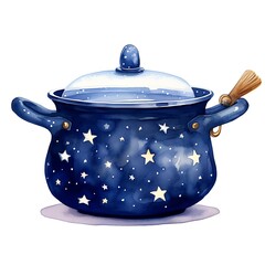 Watercolor hand drawn illustration of a blue cooking pot with a lid.