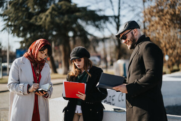 A group of young entrepreneurs gather outdoors, amidst a sunny winter backdrop, collaborating and...