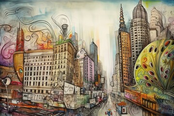 Nowy Jork Manhattan kolorowy akrylowy obraz Generative AI - 792193339