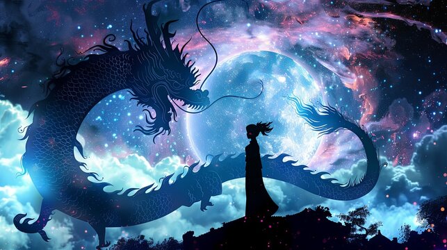Chinese Dragons and little girl in Outer Space cartoon characters in the real world silhouette art photo manipulation. anime girl. Illustration