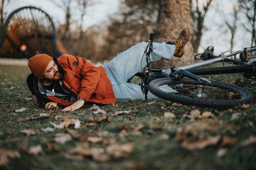 Casual young man with a hipster style falls from his bike onto the grass in an urban park setting.
