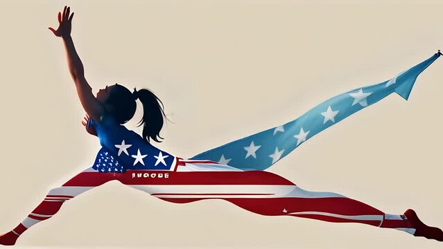 a girl doing a yoga pose with an American flag in the motion of her movement cartoon in the style of seamless loop animation