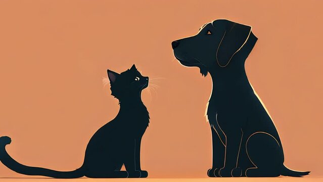a dog and a cat close to each other no background animated Cat tail swish dog ear twitch in the style of illustration illustrated style anime seamless loop animation