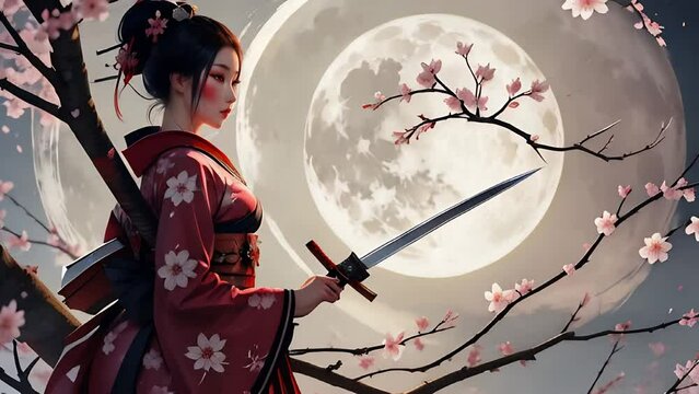 a geisha in fashion holding her sword under a full moon in the style of highly detailed illustrations subdued color palette cherry blossom seamless loop animation