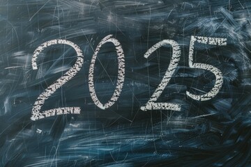 The numbers 2025 are written in chalk on a school black board. New Year concept. Backdrop