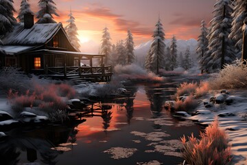 Beautiful winter landscape with wooden house in the forest at sunset.