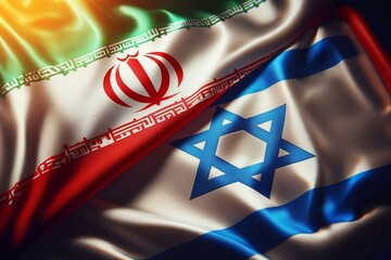 A flag of Iran and Israel is shown with a blue star in the middle. The concept of the Iran-Israeli confrontation