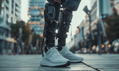 Obraz premium A person with a prosthetic leg is standing on a sidewalk in a city. Disabled athlete concept