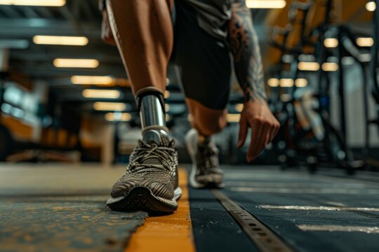 A man with a prosthetic leg is getting ready to run. Disabled athlete concept