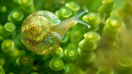 A microscopic view of a freshwater snail with its intricate shell and tentaclelike eyes slowly gliding over a patch of verdant green - obrazy, fototapety, plakaty