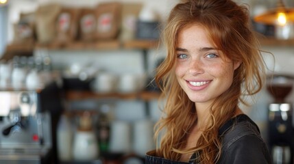 Obraz premium Young Woman Standing by Coffee Machine
