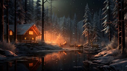 Winter night in the forest. Winter landscape with a cottage and a river.