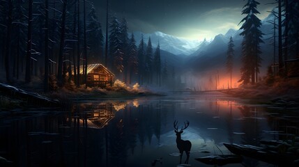 Foggy forest lake at night, panoramic view.