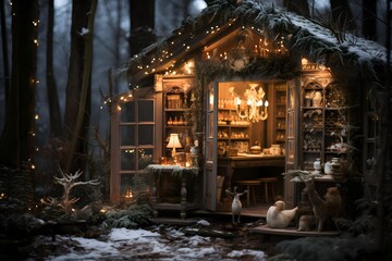 Fototapeta na wymiar Christmas nativity scene in a snowy forest at night. Christmas scene.